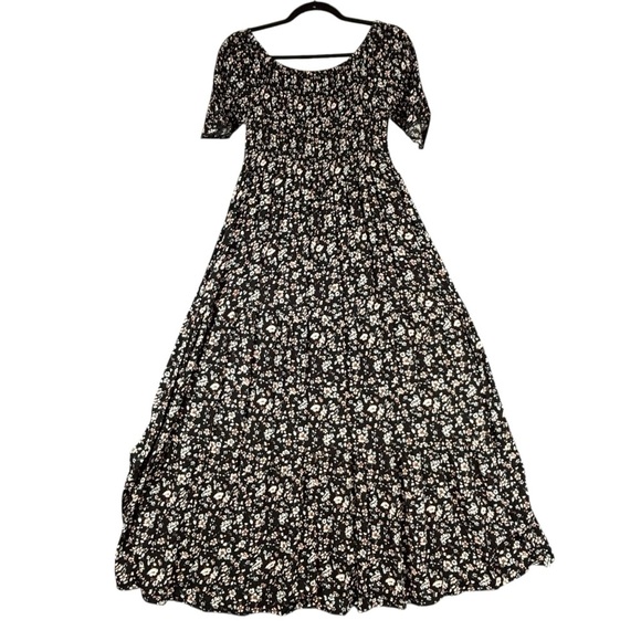 NATURAL LIFE Oversized Smocked Black Daisy Tiered Midi-Maxi Dress Sz XS - Picture 1 of 12